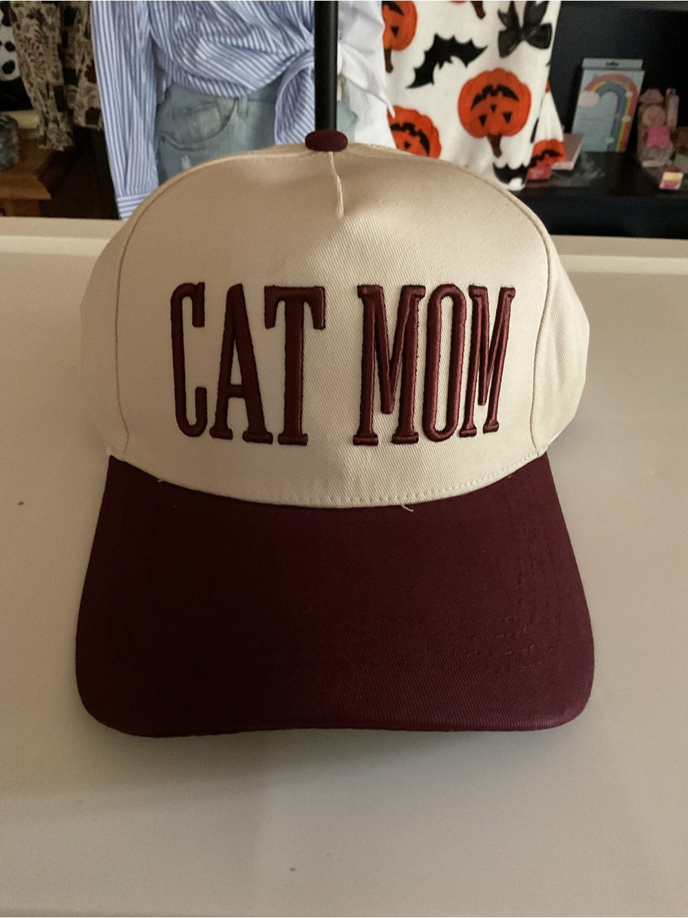 Cat Mom Two-Tone Baseball Cap - Cream and Burgundy
